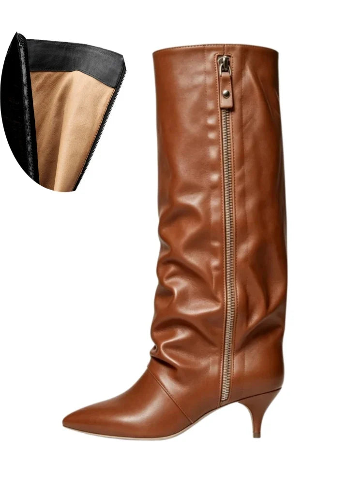 Kitten Heel Knee-High Boots — Pointed Toe Suede & Faux Leather 21