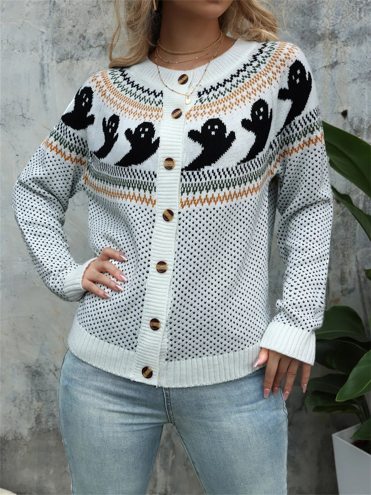 Women's Halloween Ghost Knit Sweater — Polka Dot Crew Neck 5