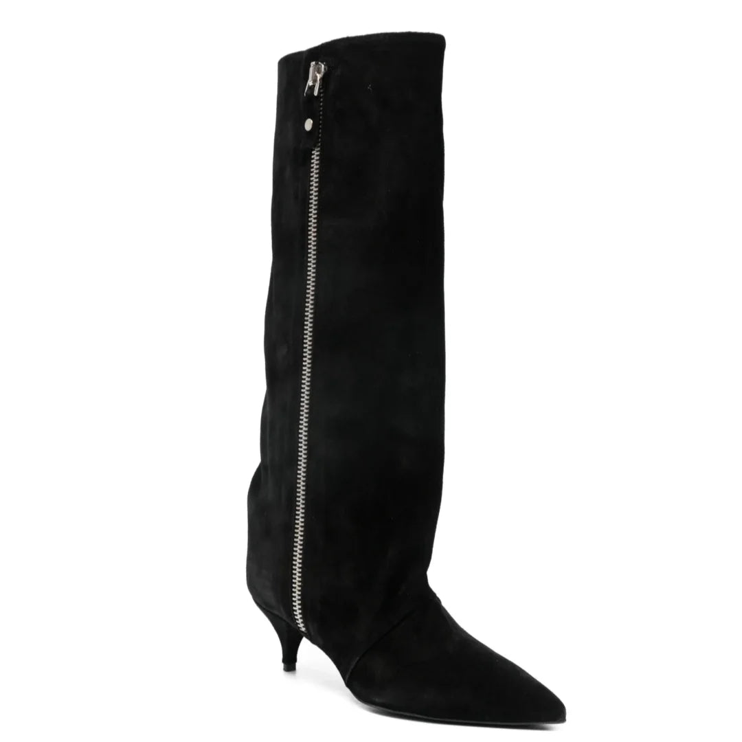 Kitten Heel Knee-High Boots — Pointed Toe Suede & Faux Leather 4