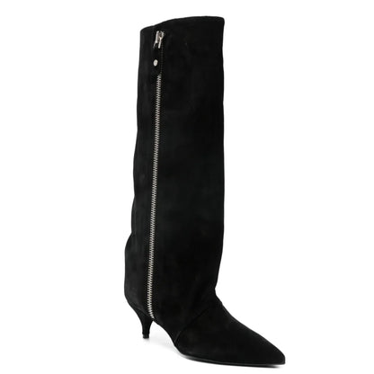 Kitten Heel Knee-High Boots — Pointed Toe Suede & Faux Leather 4