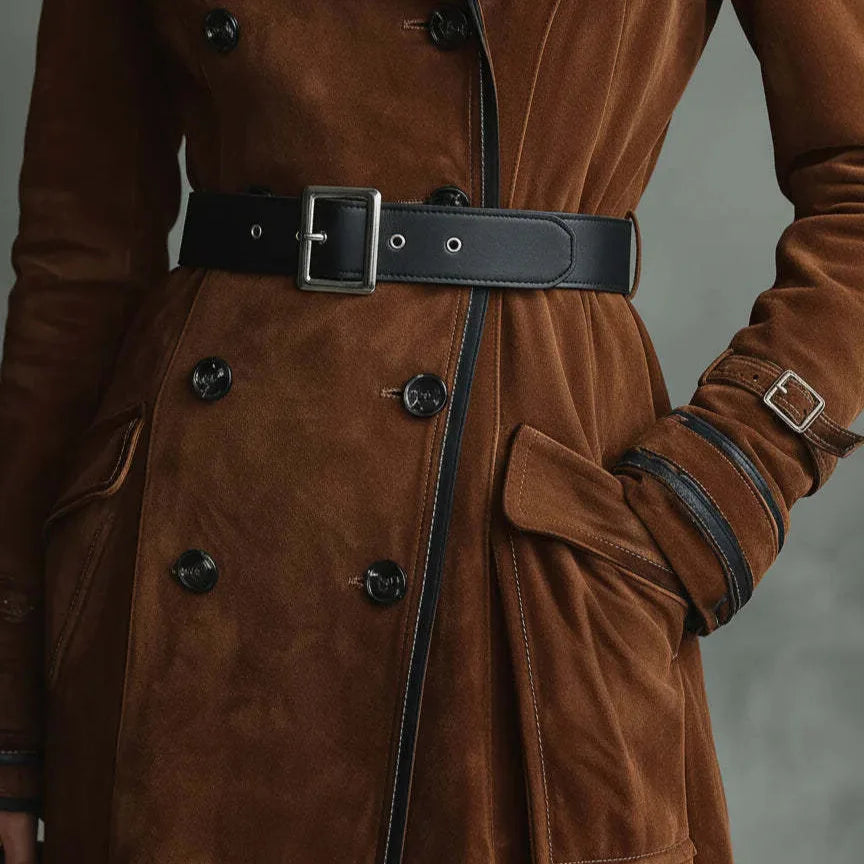 Faux Suede Trench Coat — Long A-Line Double Breasted Women 3
