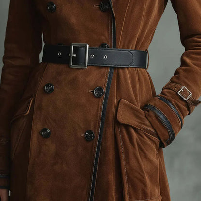 Faux Suede Trench Coat — Long A-Line Double Breasted Women 3