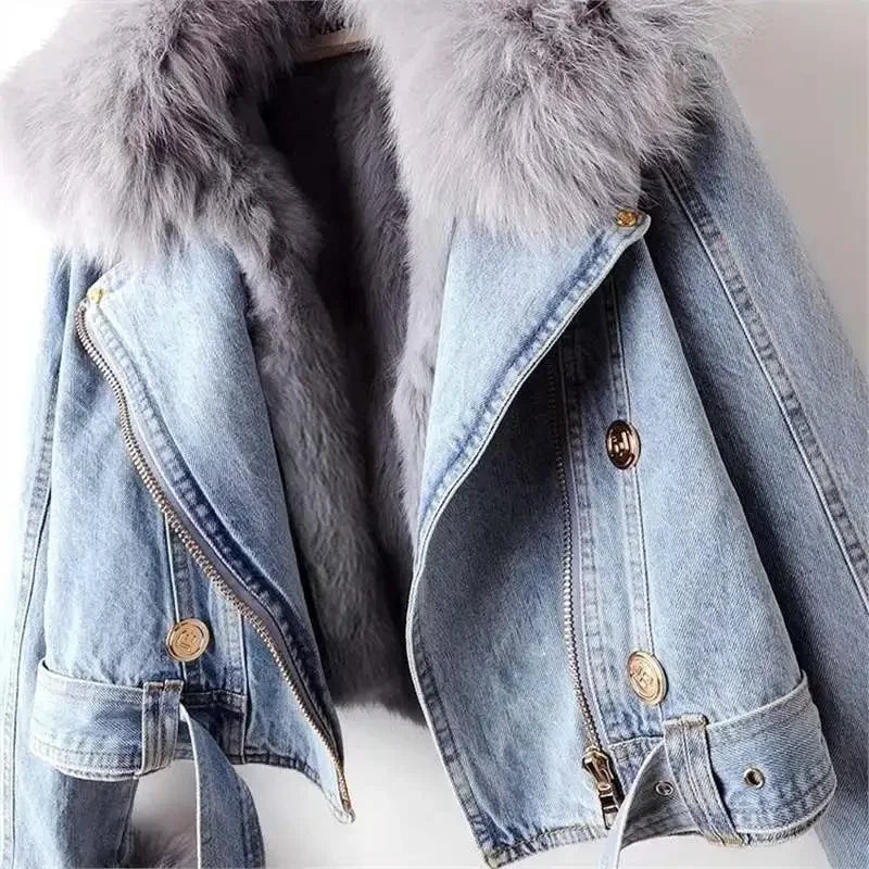 Faux Fur Denim Jacket Women — Cropped Biker Style 7