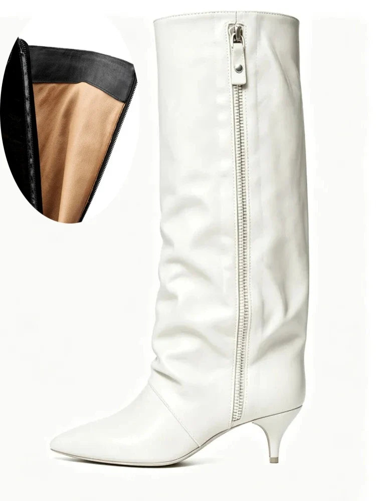 Kitten Heel Knee-High Boots — Pointed Toe Suede & Faux Leather 22