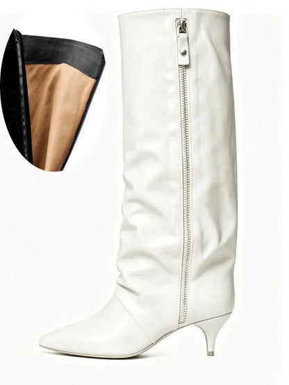 Kitten Heel Knee-High Boots — Pointed Toe Suede & Faux Leather 22