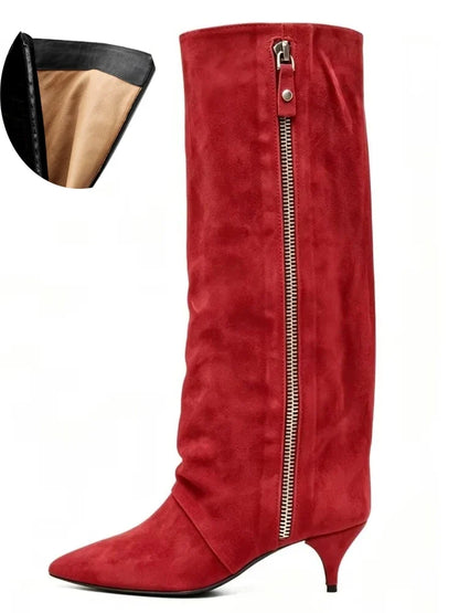 Kitten Heel Knee-High Boots — Pointed Toe Suede & Faux Leather 20