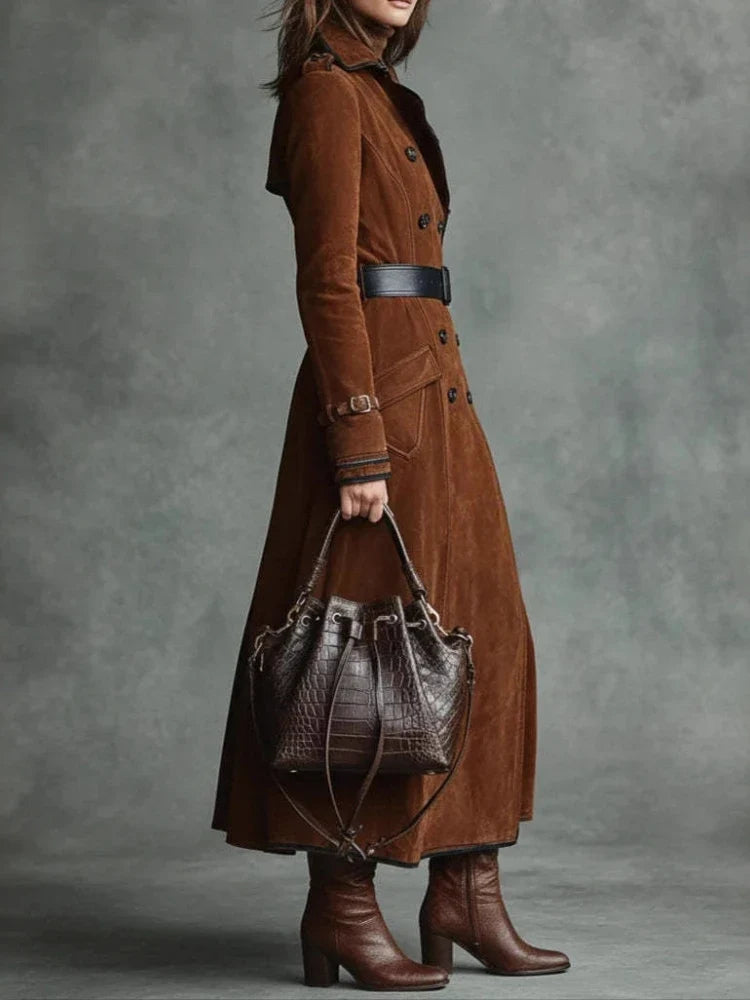 Faux Suede Trench Coat — Long A-Line Double Breasted Women 4