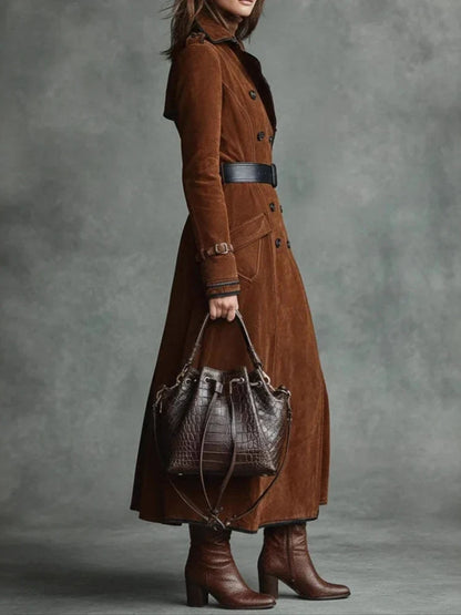 Faux Suede Trench Coat — Long A-Line Double Breasted Women 4