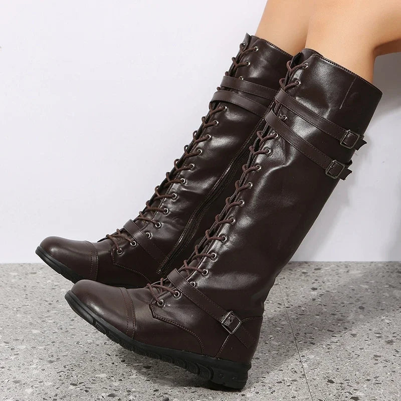 Knee High Lace-Up Boots — Buckle Straps & Side Zip 5