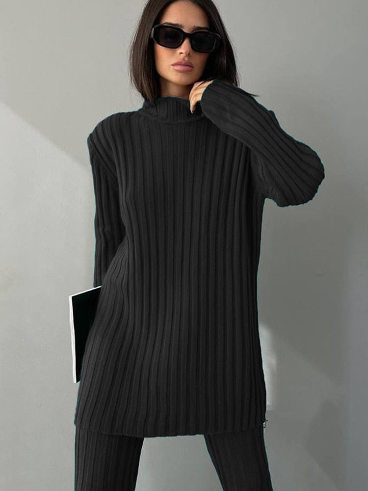 Women's Ribbed Turtleneck & Flared Trousers Co-Ord Set 17