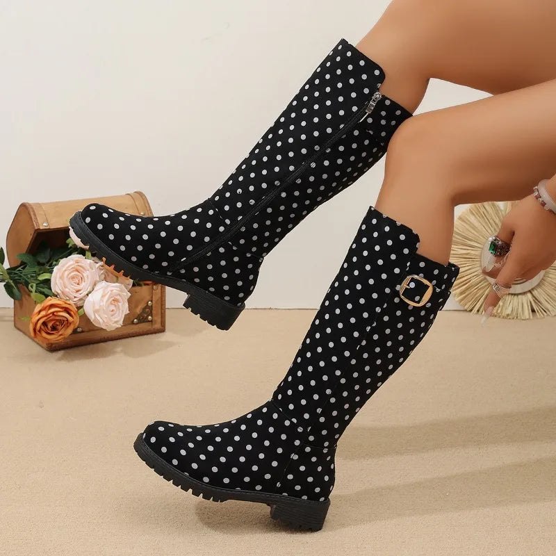 Women's Polka Dot Knee-High Boots — Buckle & Side Zip 5