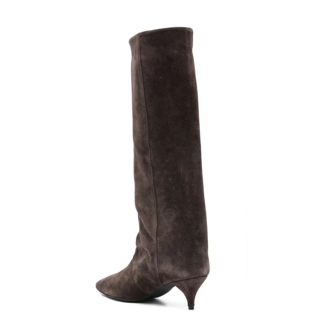 Kitten Heel Knee-High Boots — Pointed Toe Suede & Faux Leather 3