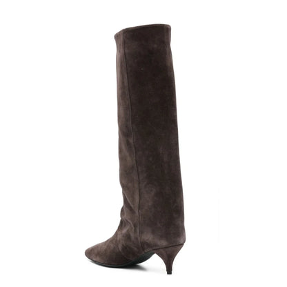 Kitten Heel Knee-High Boots — Pointed Toe Suede & Faux Leather 3