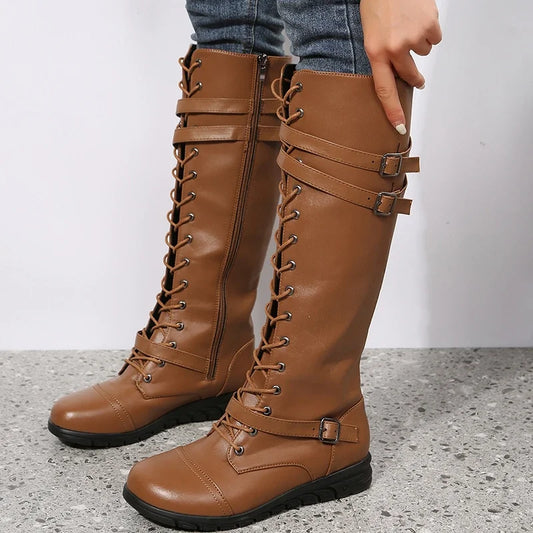 Knee High Lace-Up Boots — Buckle Straps & Side Zip 1