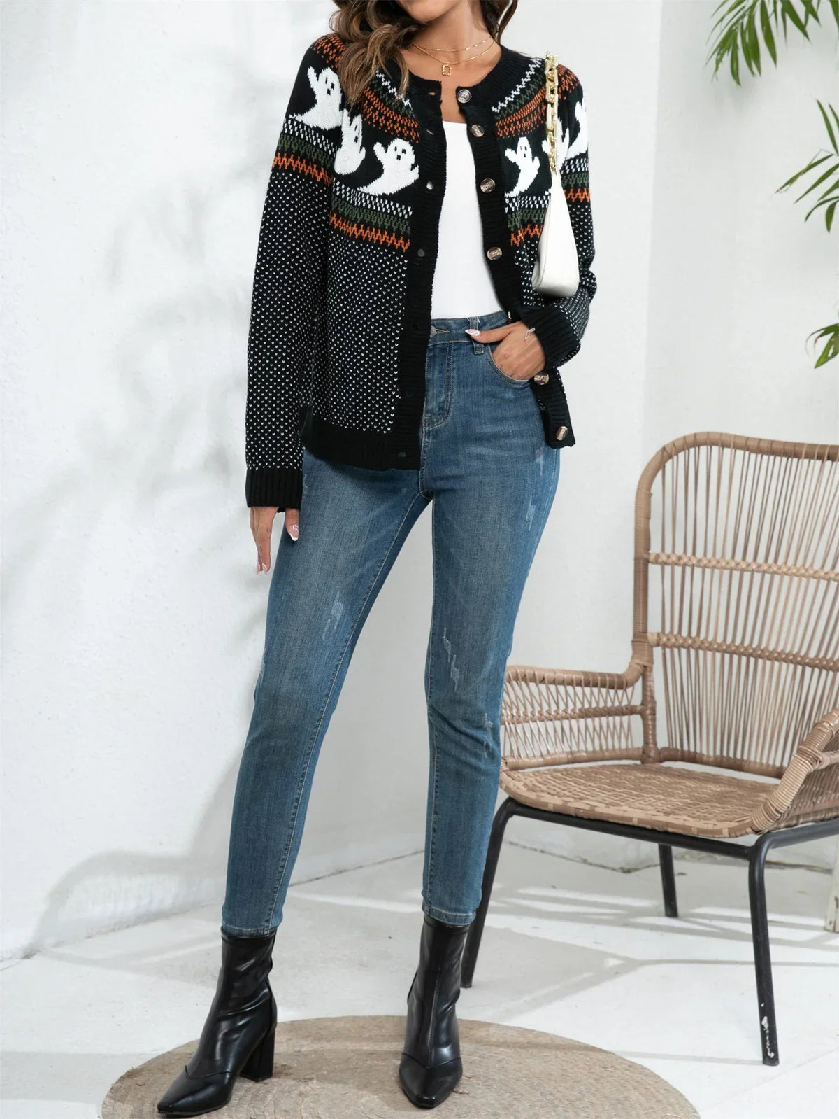 Women's Halloween Ghost Knit Sweater — Polka Dot Crew Neck 4