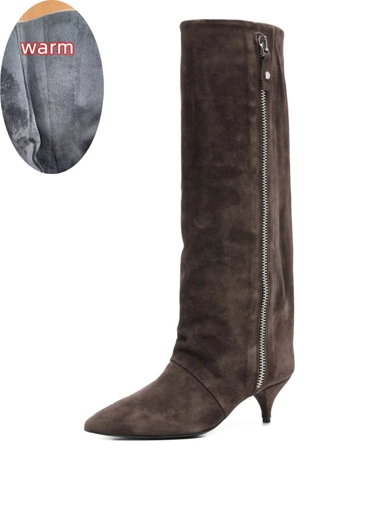 Kitten Heel Knee-High Boots — Pointed Toe Suede & Faux Leather 11