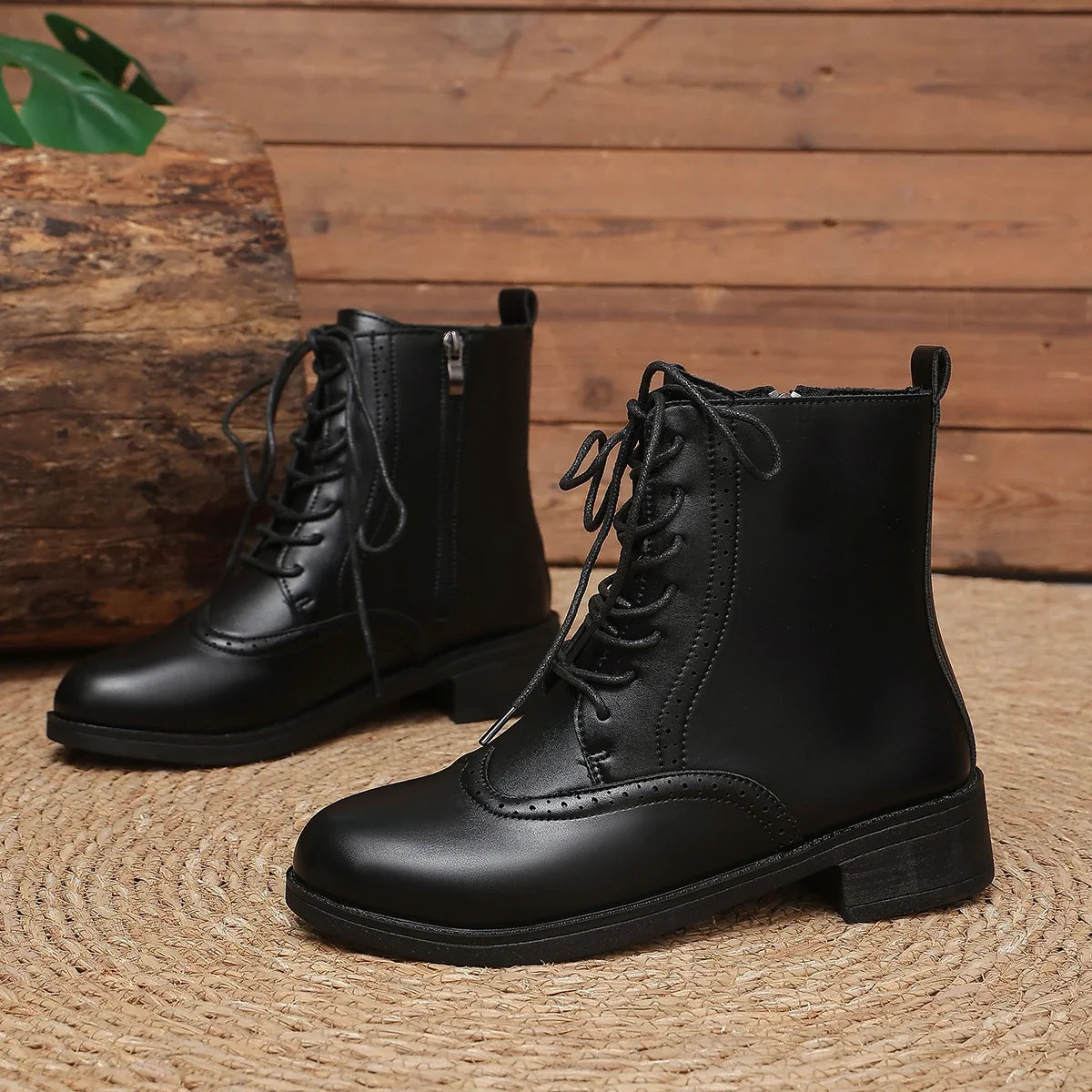 Women's Leather Lace-Up Ankle Boots — Chunky Stacked Heel 8