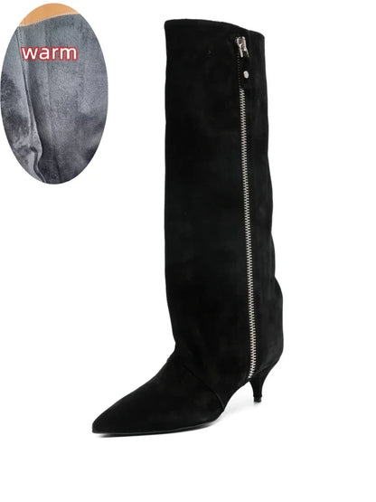 Kitten Heel Knee-High Boots — Pointed Toe Suede & Faux Leather 10