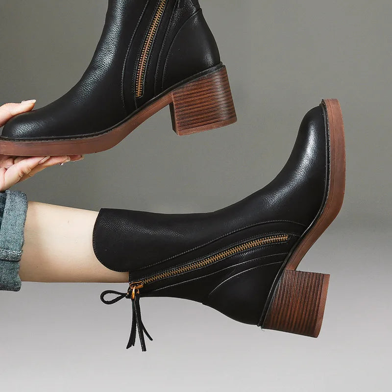 Aria Leather Ankle Boots — Block Heel & Side Zipper 3