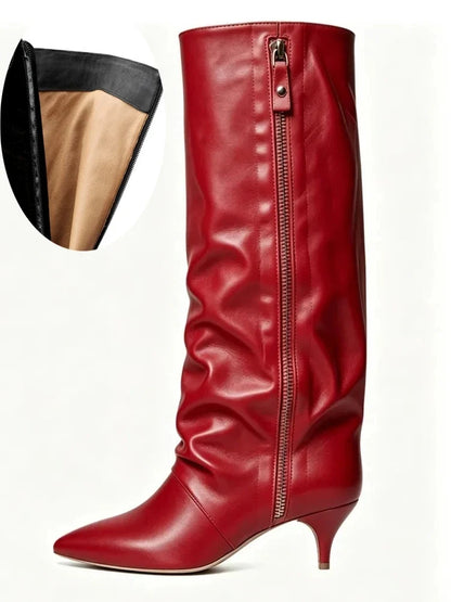 Kitten Heel Knee-High Boots — Pointed Toe Suede & Faux Leather 7