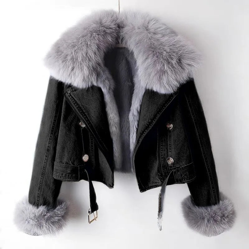 Faux Fur Denim Jacket Women — Cropped Biker Style 5