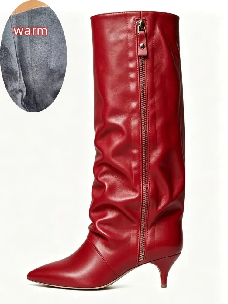 Kitten Heel Knee-High Boots — Pointed Toe Suede & Faux Leather 15