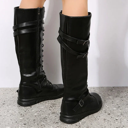 Knee High Lace-Up Boots — Buckle Straps & Side Zip 4