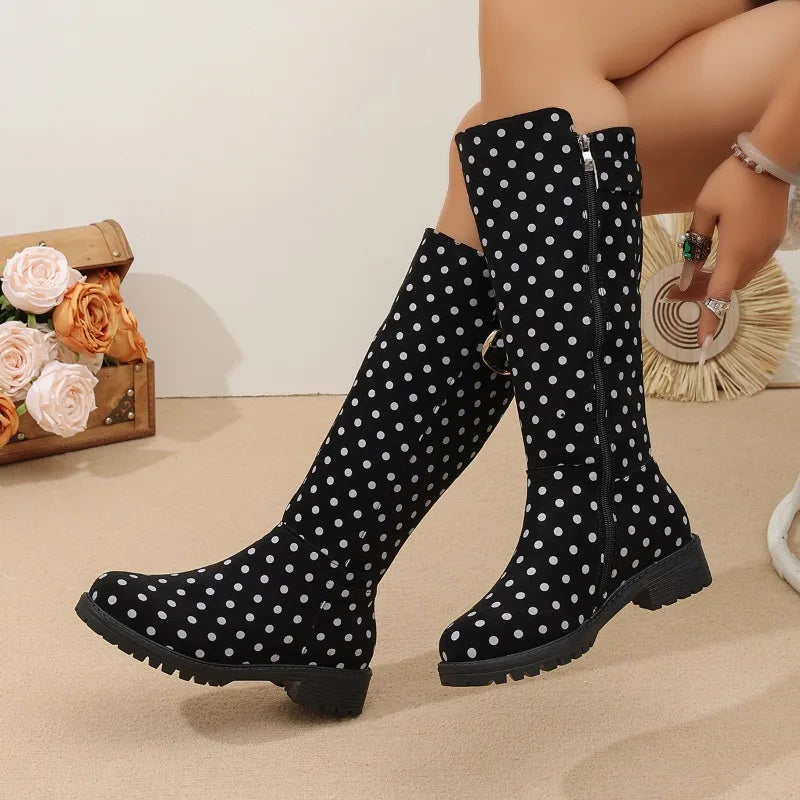 Women's Polka Dot Knee-High Boots — Buckle & Side Zip 6