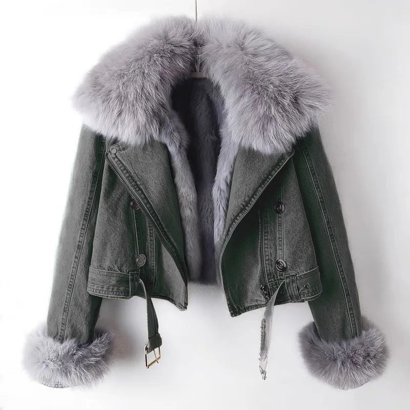 Faux Fur Denim Jacket Women — Cropped Biker Style 4