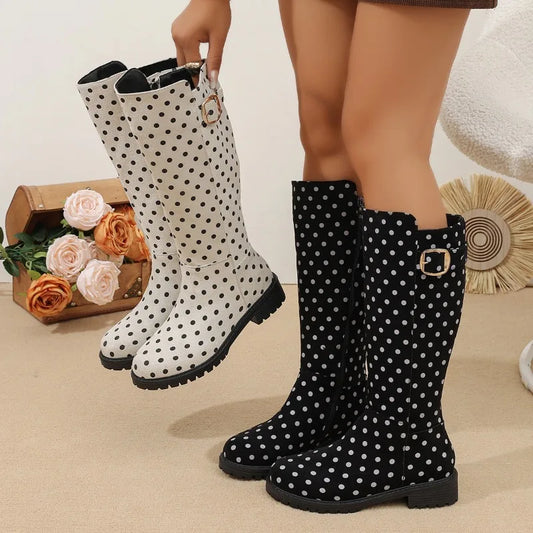 Women's Polka Dot Knee-High Boots — Buckle & Side Zip 1