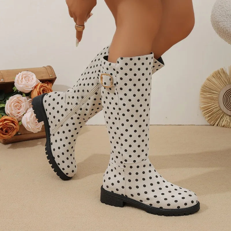 Women's Polka Dot Knee-High Boots — Buckle & Side Zip 3