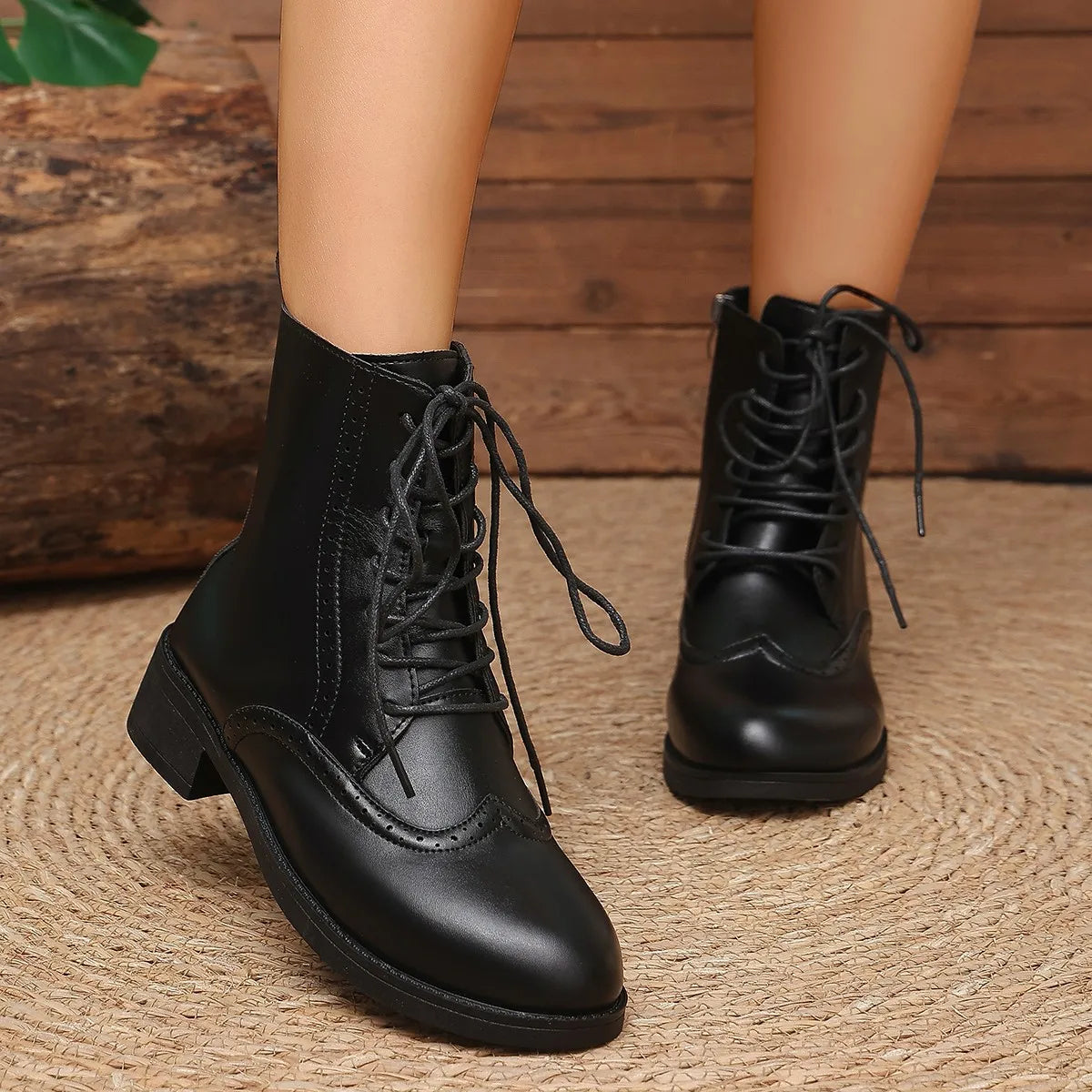 Women's Leather Lace-Up Ankle Boots — Chunky Stacked Heel 1