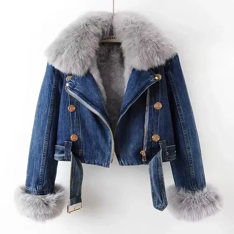 Faux Fur Denim Jacket Women — Cropped Biker Style 1