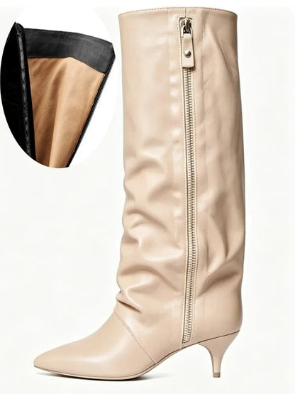 Kitten Heel Knee-High Boots — Pointed Toe Suede & Faux Leather 24
