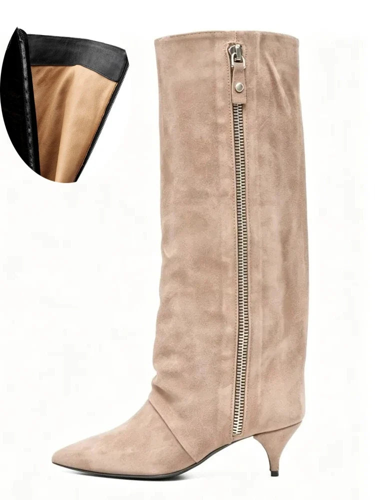 Kitten Heel Knee-High Boots — Pointed Toe Suede & Faux Leather 19