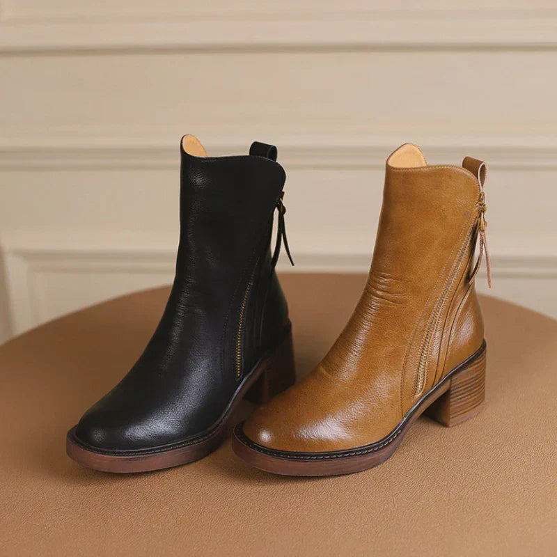 Aria Leather Ankle Boots — Block Heel & Side Zipper 6