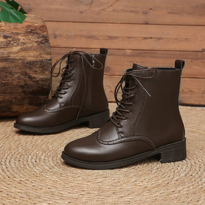 Women's Leather Lace-Up Ankle Boots — Chunky Stacked Heel 7