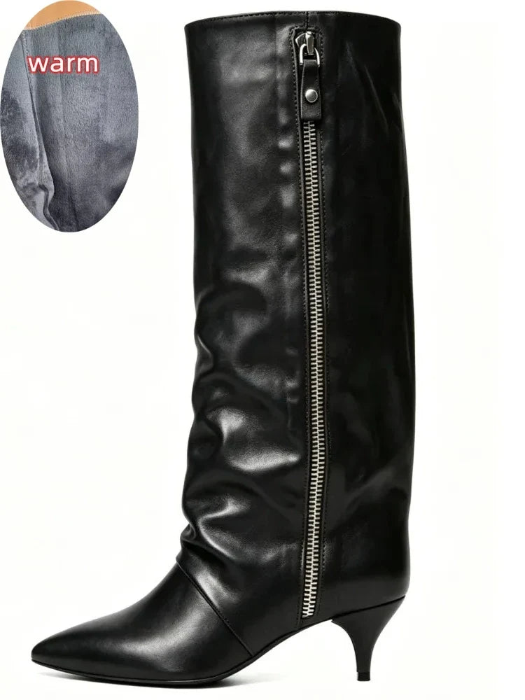 Kitten Heel Knee-High Boots — Pointed Toe Suede & Faux Leather 14