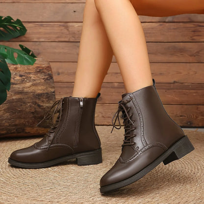 Women's Leather Lace-Up Ankle Boots — Chunky Stacked Heel 5