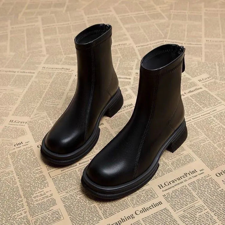 Women's Block Heel Ankle Boots — Back Zip Platform Sole 7