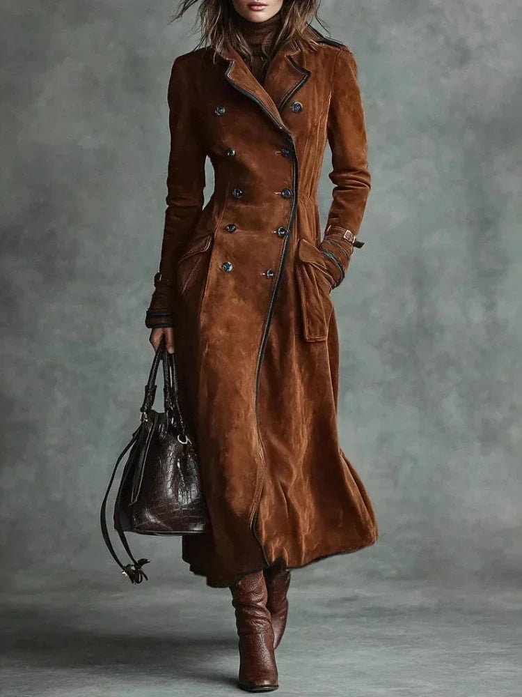 Faux Suede Trench Coat — Long A-Line Double Breasted Women 1