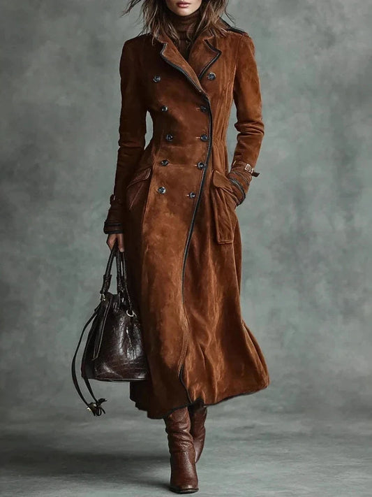 Faux Suede Trench Coat — Long A-Line Double Breasted Women 1