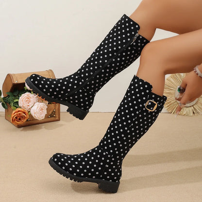 Women's Polka Dot Knee-High Boots — Buckle & Side Zip 8