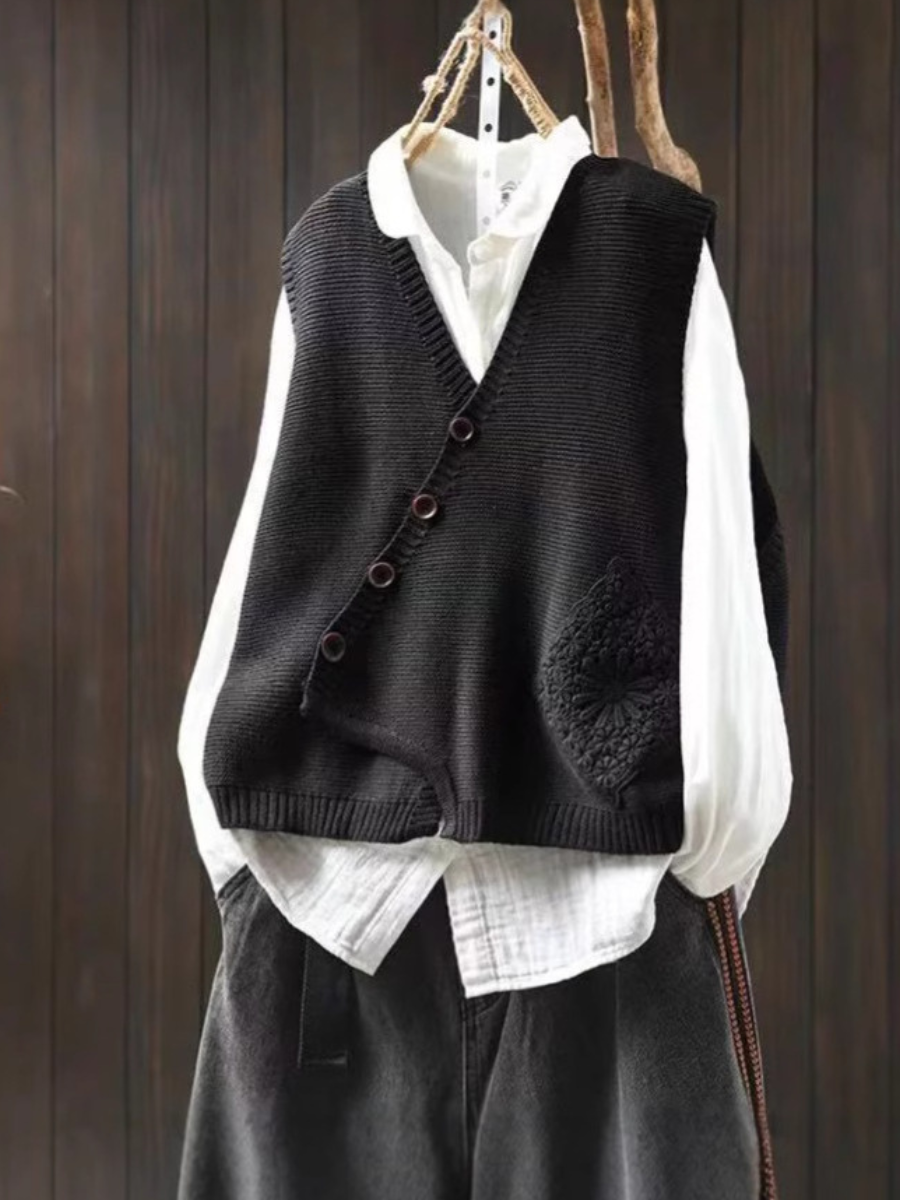 Women's Knit Vest — Lace Pocket & Asymmetrical Button Front 5