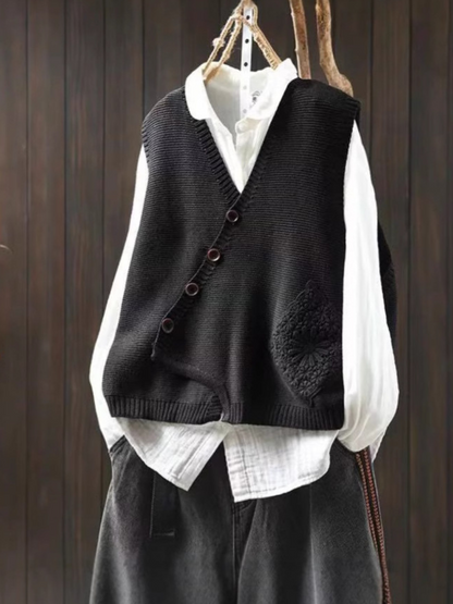 Women's Knit Vest — Lace Pocket & Asymmetrical Button Front 5