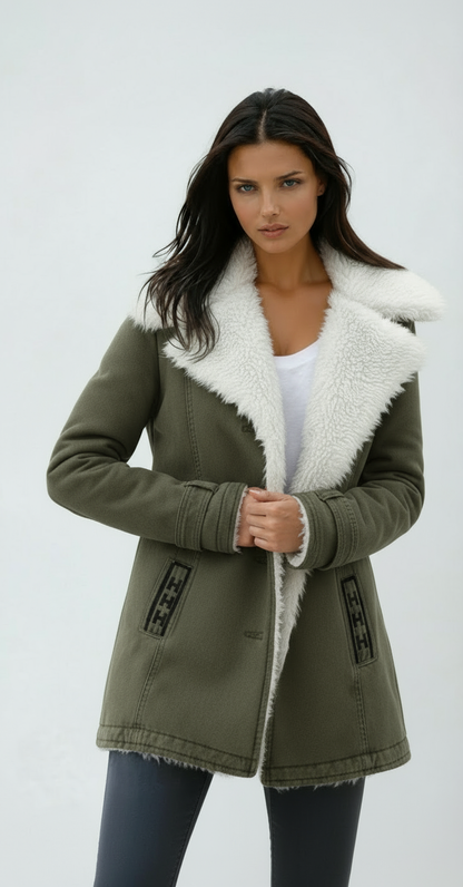 Women's Winter Coat with Faux Fur Collar — Hip-Length Button Front