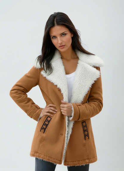Women's Winter Coat with Faux Fur Collar — Hip-Length Button Front