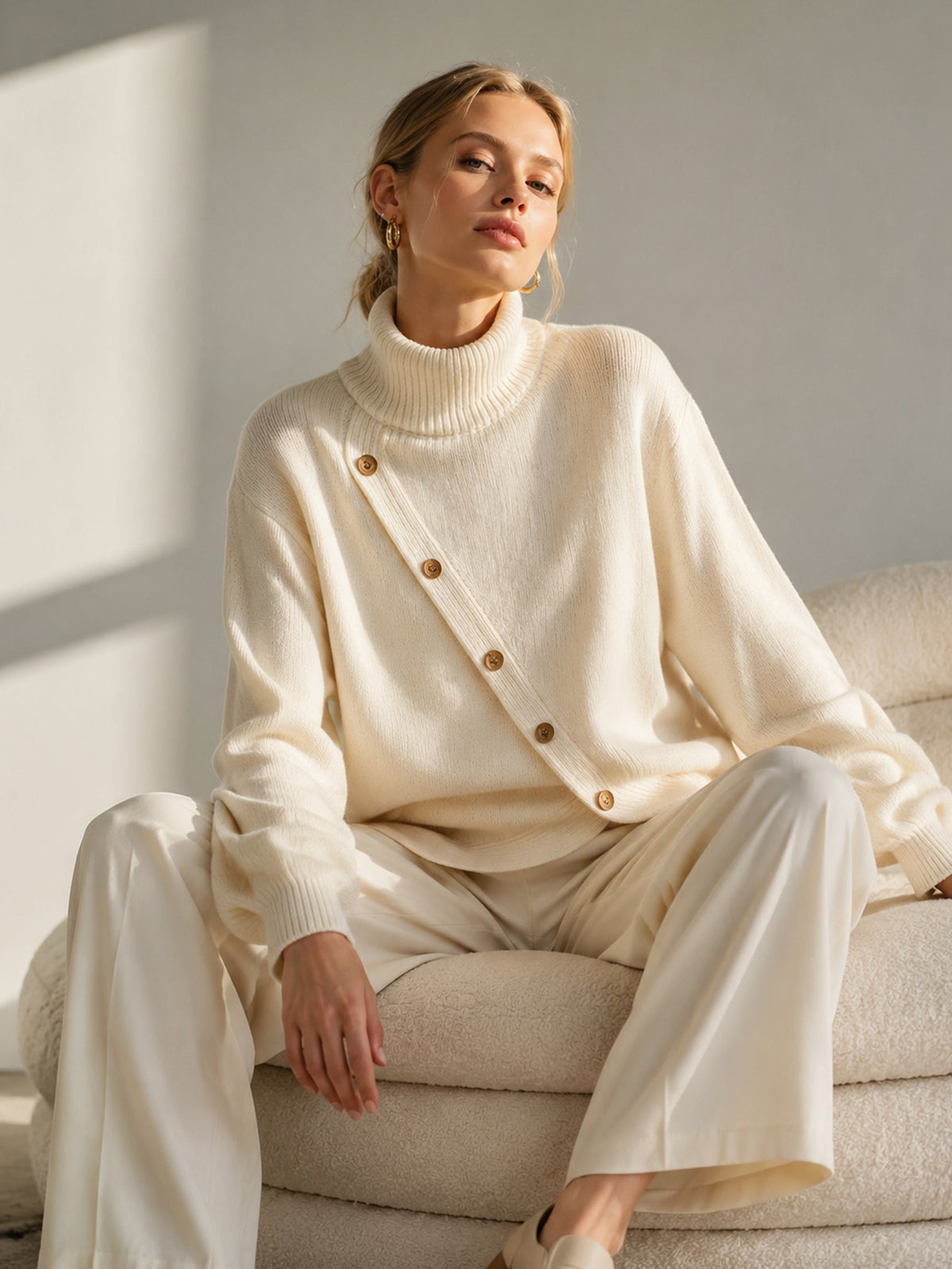 White Oversized Turtleneck Sweater — Diagonal Wood Buttons 4