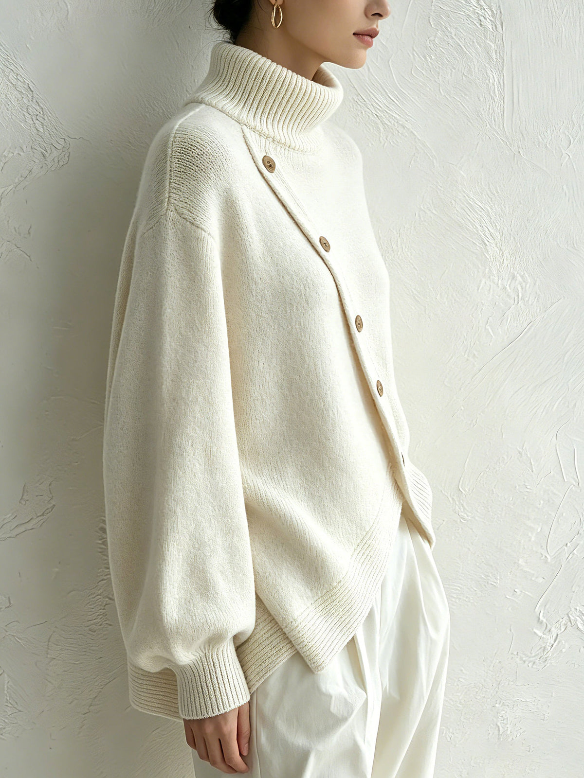 White Oversized Turtleneck Sweater — Diagonal Wood Buttons 3