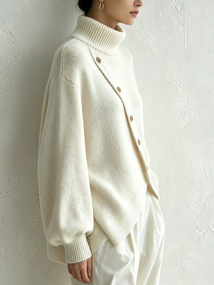 White Oversized Turtleneck Sweater — Diagonal Wood Buttons 3